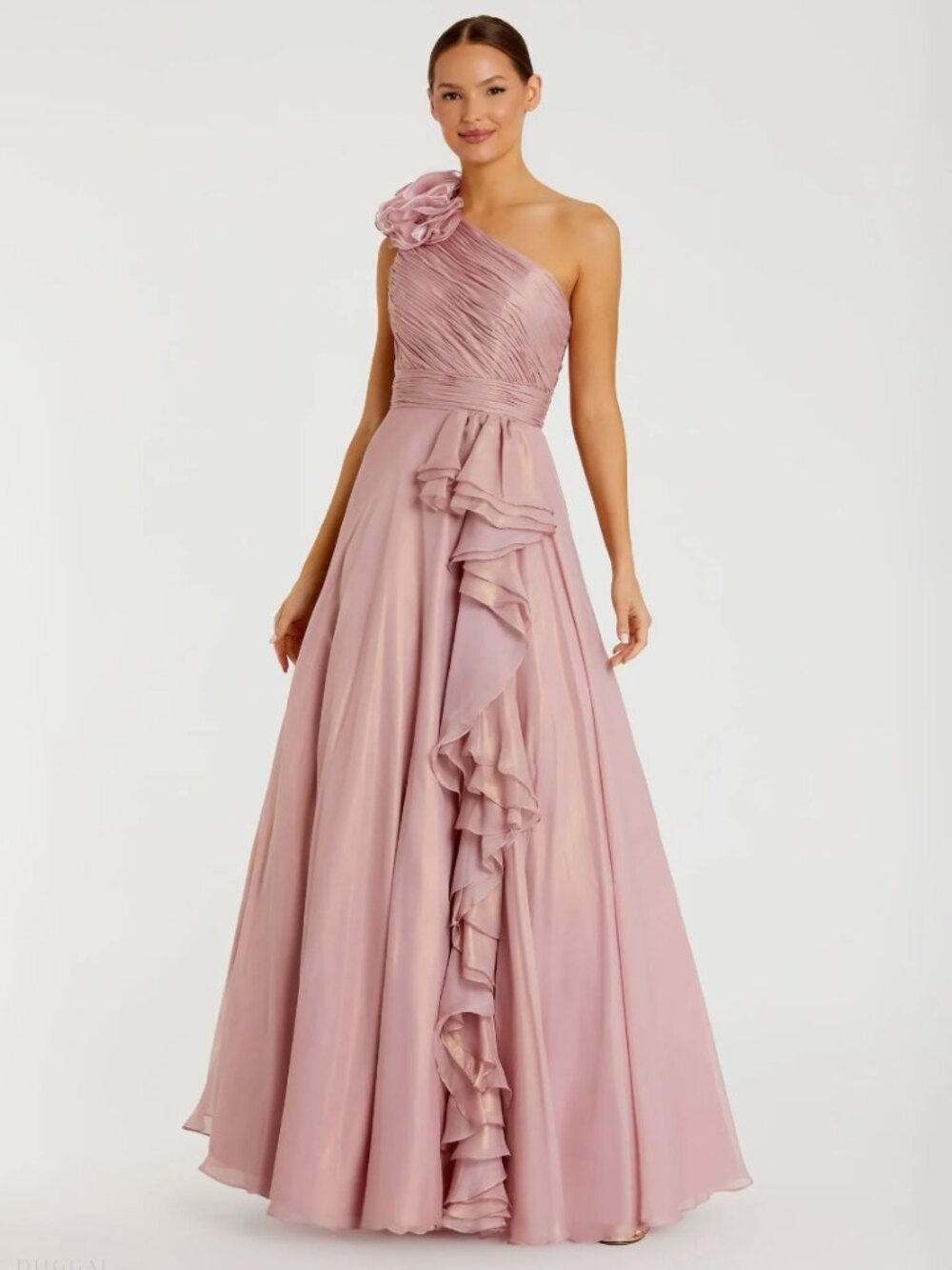 Mac Duggal Elegant One-Shoulder Rosette Evening Gown in Blush Pink (Rose Gold)